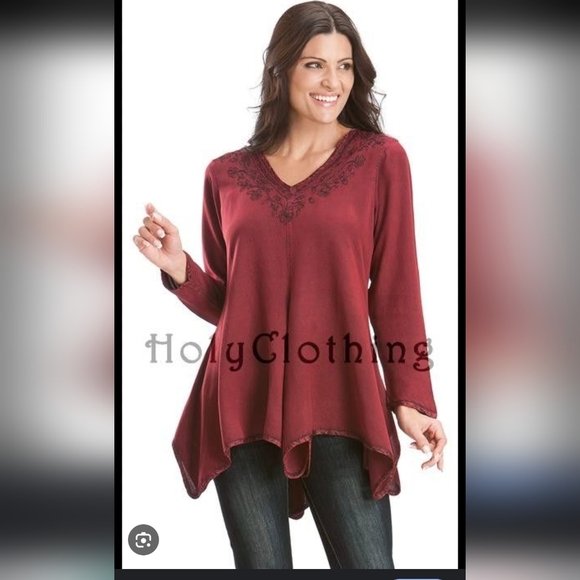 HolyClothing Tops - Holy Clothing Dark Red Flowy Tunic Top